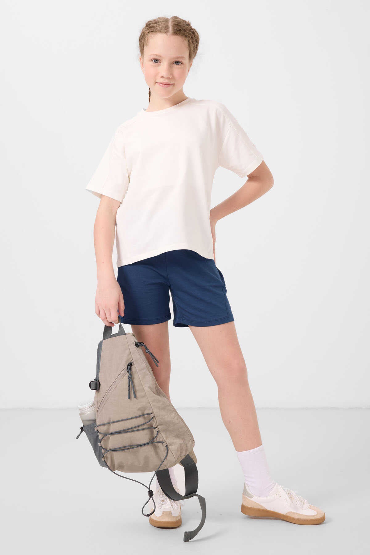 Tommylife Toptan Pamuklu Yumuşak Dokulu Standart Fit Basic Kız Çocuk Şort Takım 75184 Ekru Parlament