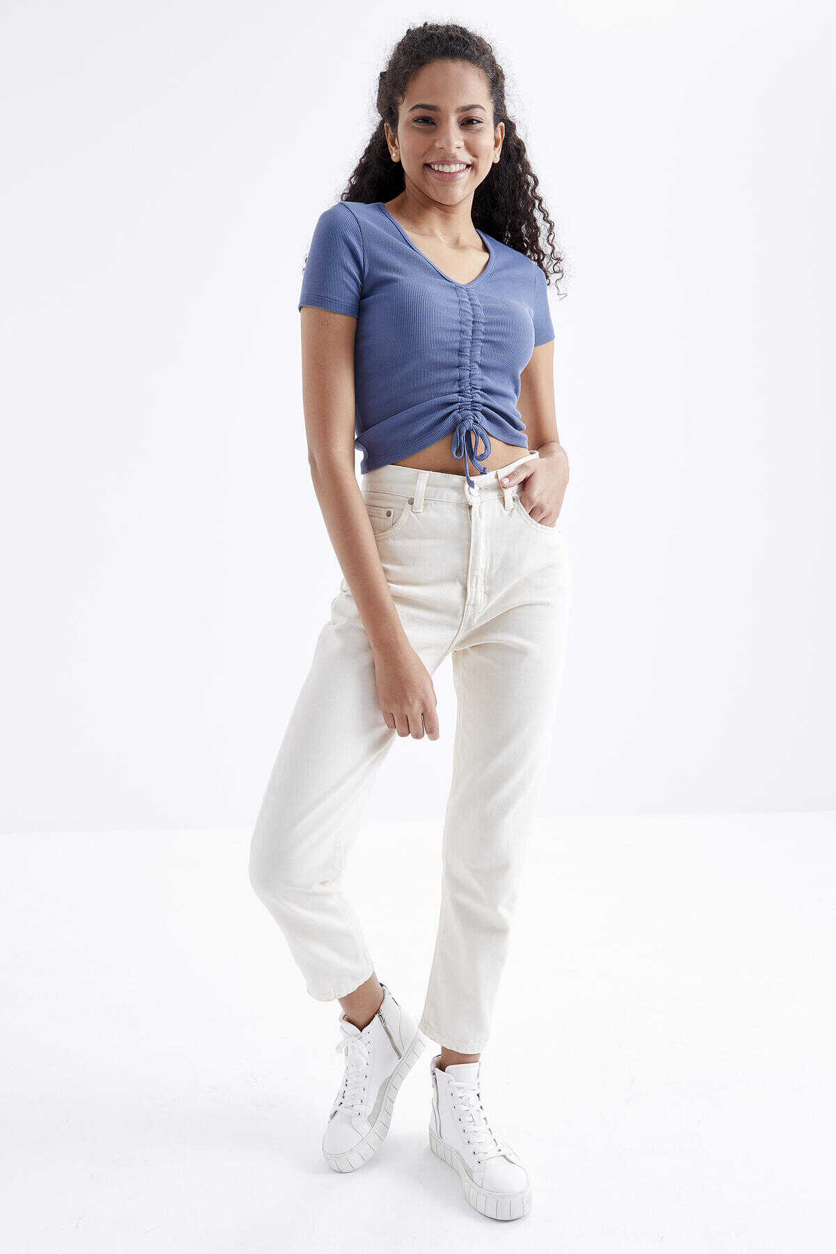 Tommylife Wholesale Petroleum Shirred Detail V-Neck Women's Crop Top T-Shirt - 97205