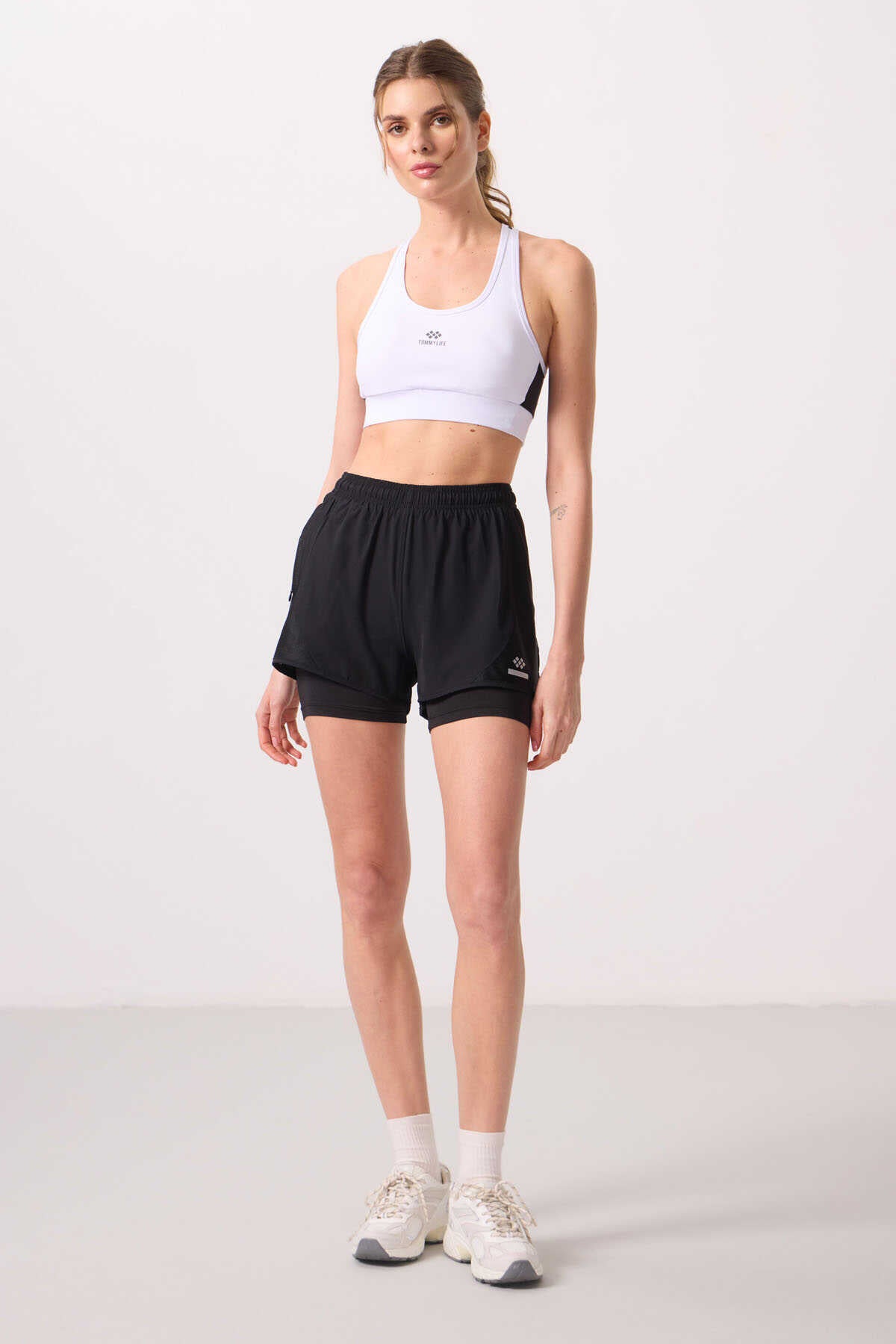 Tommylife Wholesale Polyester Hidden Pocket Zipper Standard Fit Women's Shorts with Inner Leggings - 91015 Black