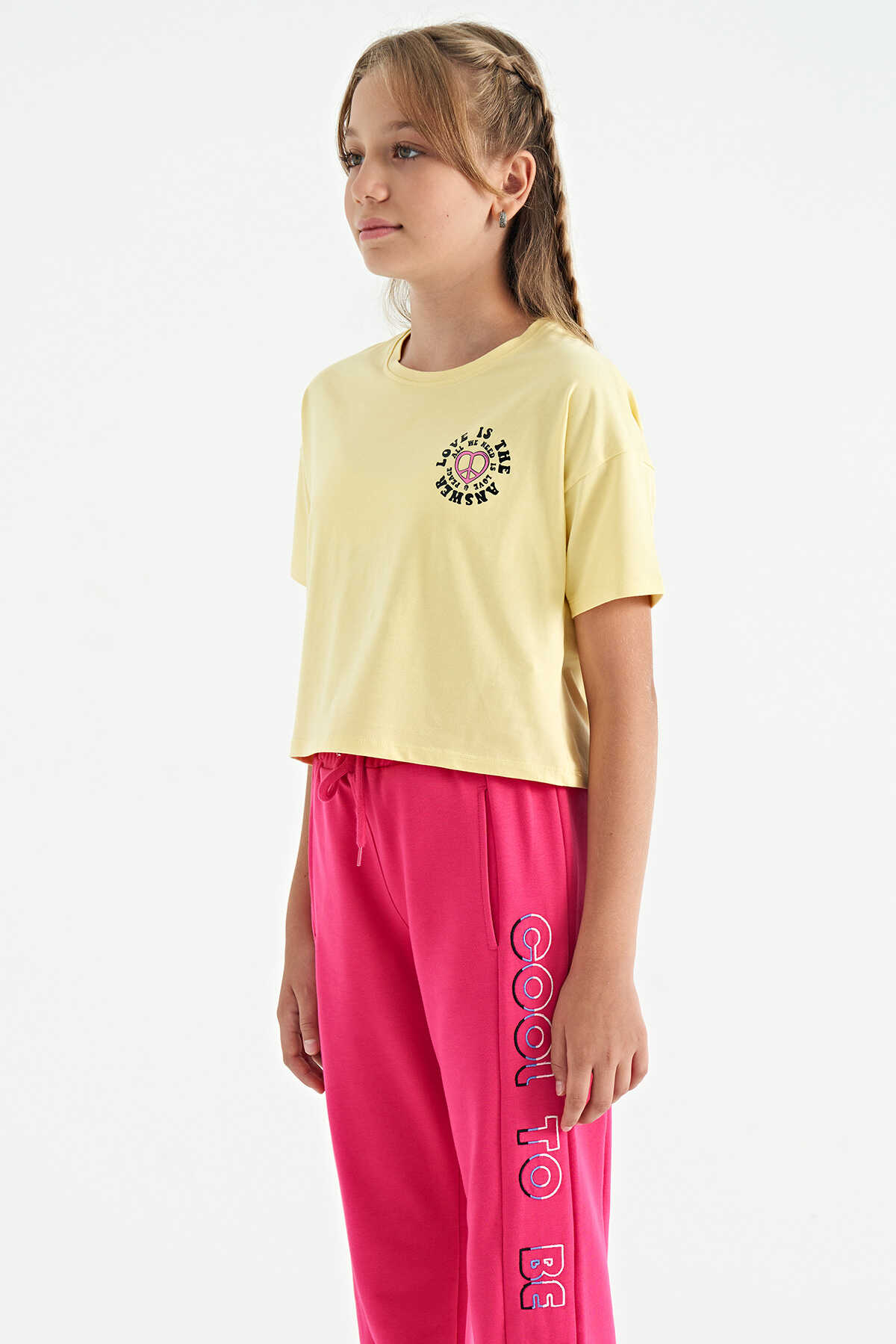 Tommylife Toptan Yeşil Ön Arka Baskılı O Yaka Düşük Omuz Oversize Kısa Kollu Kız Çocuk T-Shirt - 75126