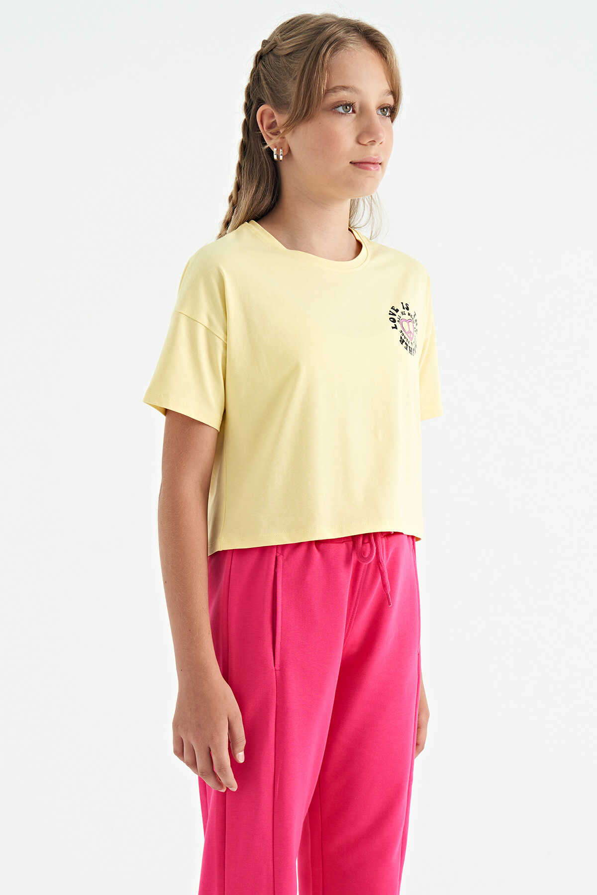 Tommylife Toptan Yeşil Ön Arka Baskılı O Yaka Düşük Omuz Oversize Kısa Kollu Kız Çocuk T-Shirt - 75126
