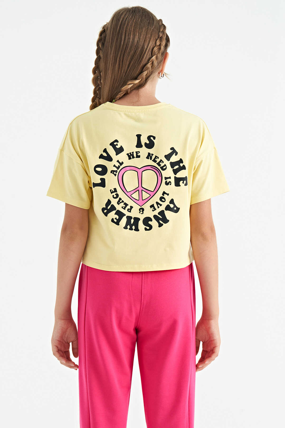 Tommylife Toptan Yeşil Ön Arka Baskılı O Yaka Düşük Omuz Oversize Kısa Kollu Kız Çocuk T-Shirt - 75126