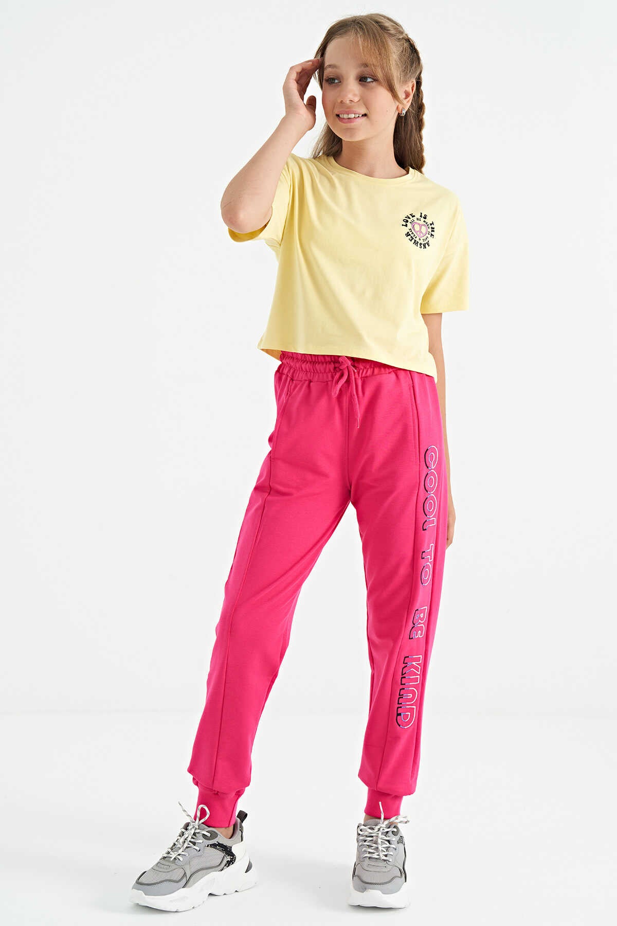 Tommylife Toptan Yeşil Ön Arka Baskılı O Yaka Düşük Omuz Oversize Kısa Kollu Kız Çocuk T-Shirt - 75126