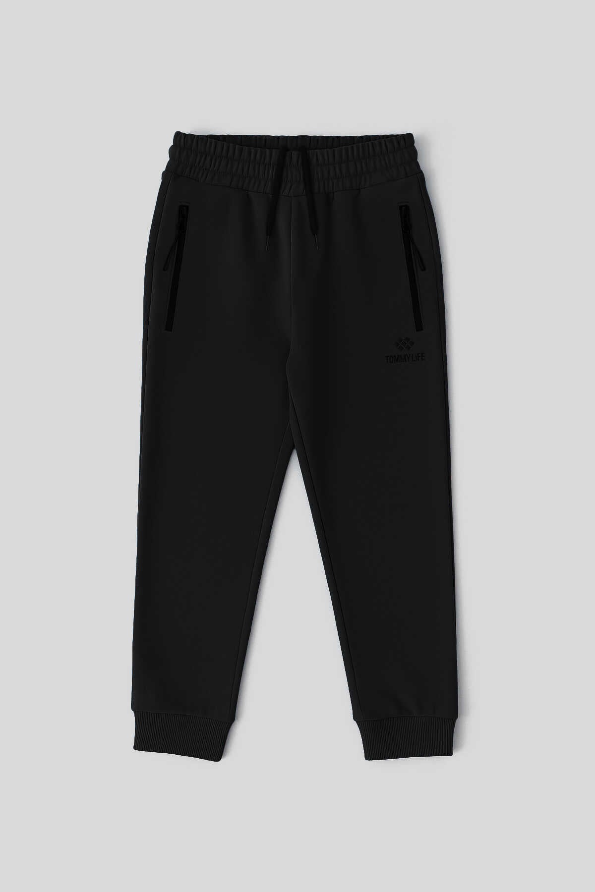 Tommylife Wholesale Black Basic Zippered Pocket Drawstring Waist Jogger Boys' Sweatpants - 10798