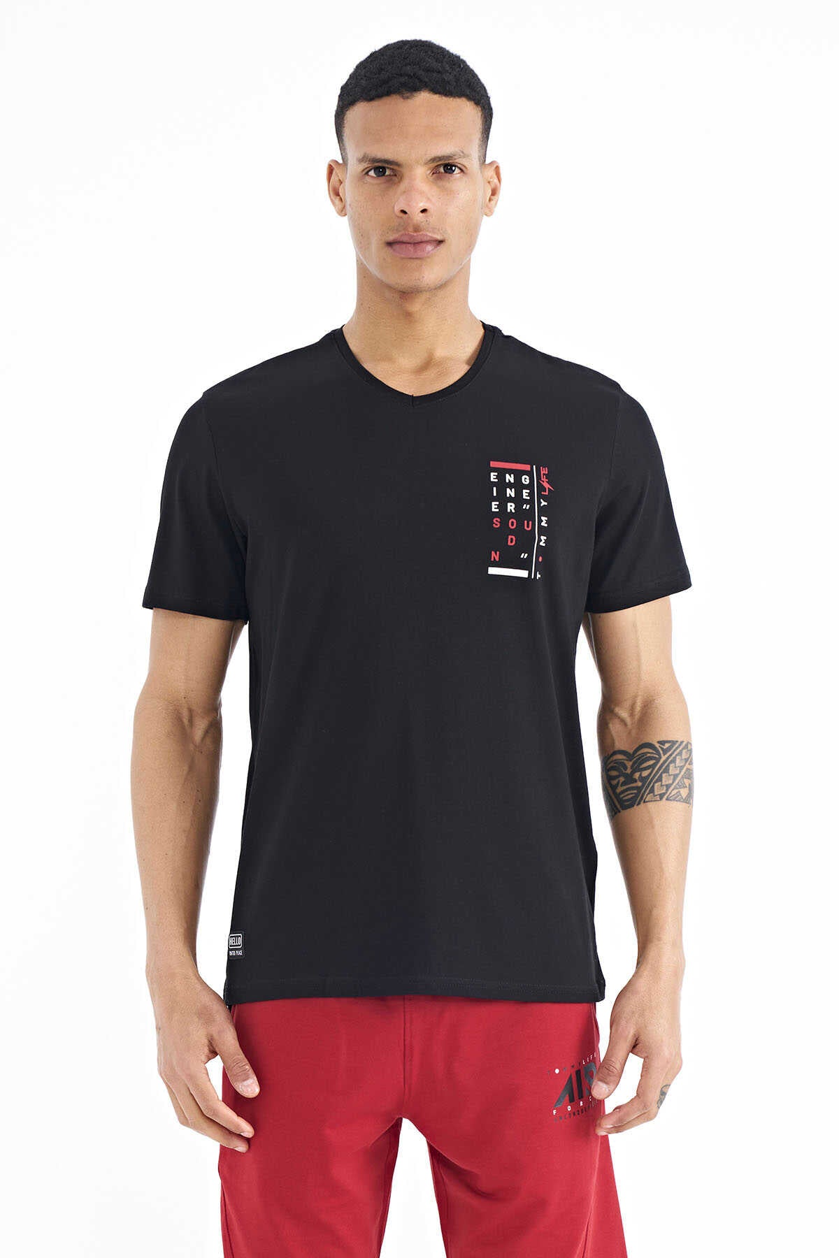 Tommylife Toptan Siyah Baskı Detaylı V Yaka Standart Kalıp Erkek T-Shirt - 88186