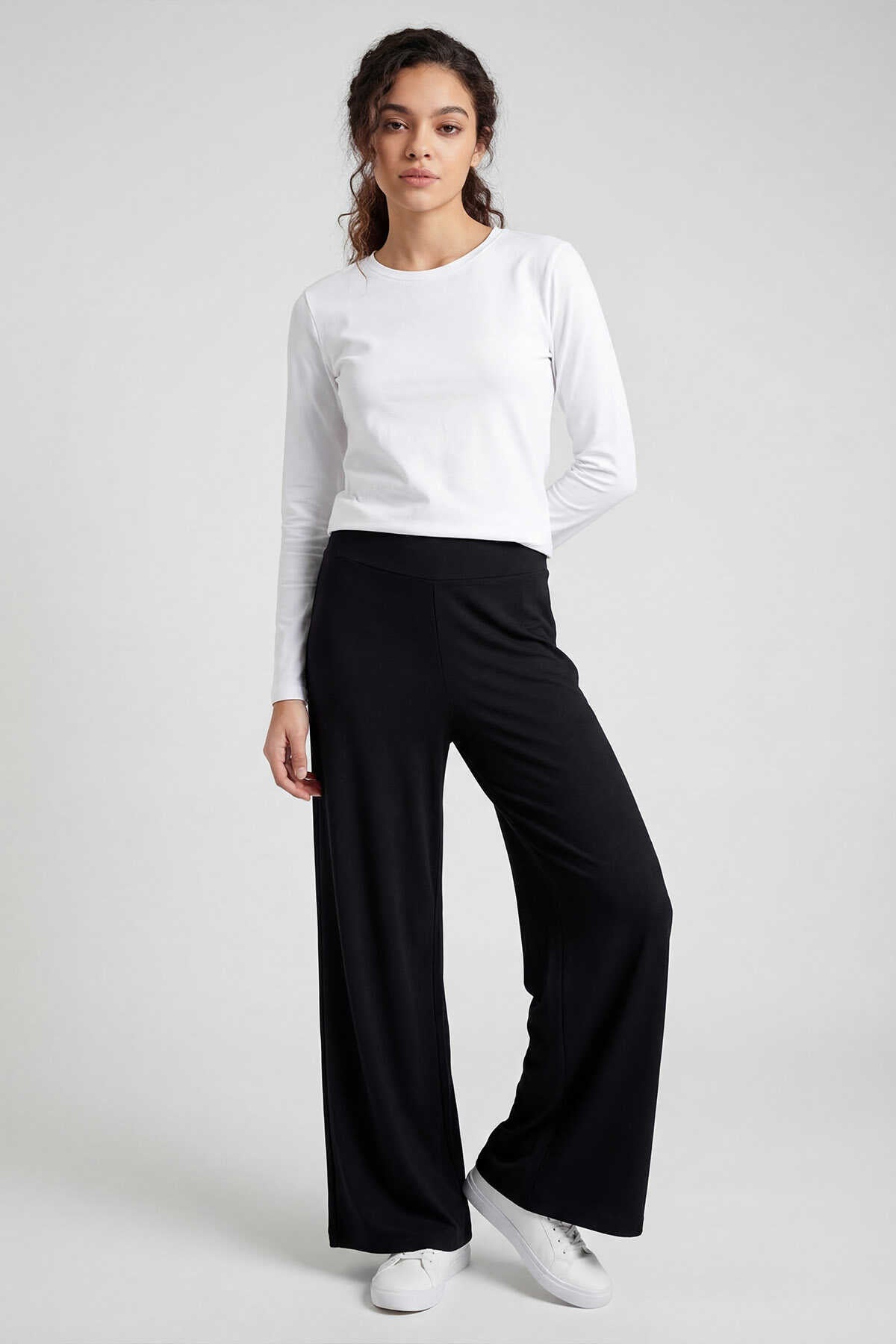 Tommylife Toptan Siyah Comfort Fit Geniş Paça Korsajlı Palazzo Kadın Pantolon - 94681
