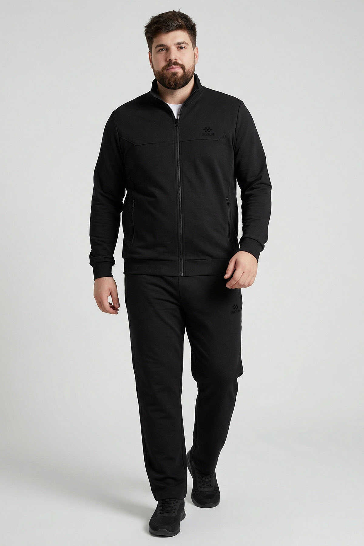 Tommylife Wholesale Gray Mélange - Black Stand-Up Collar Classic Leg Plus Size Men's Tracksuit Set - 85176