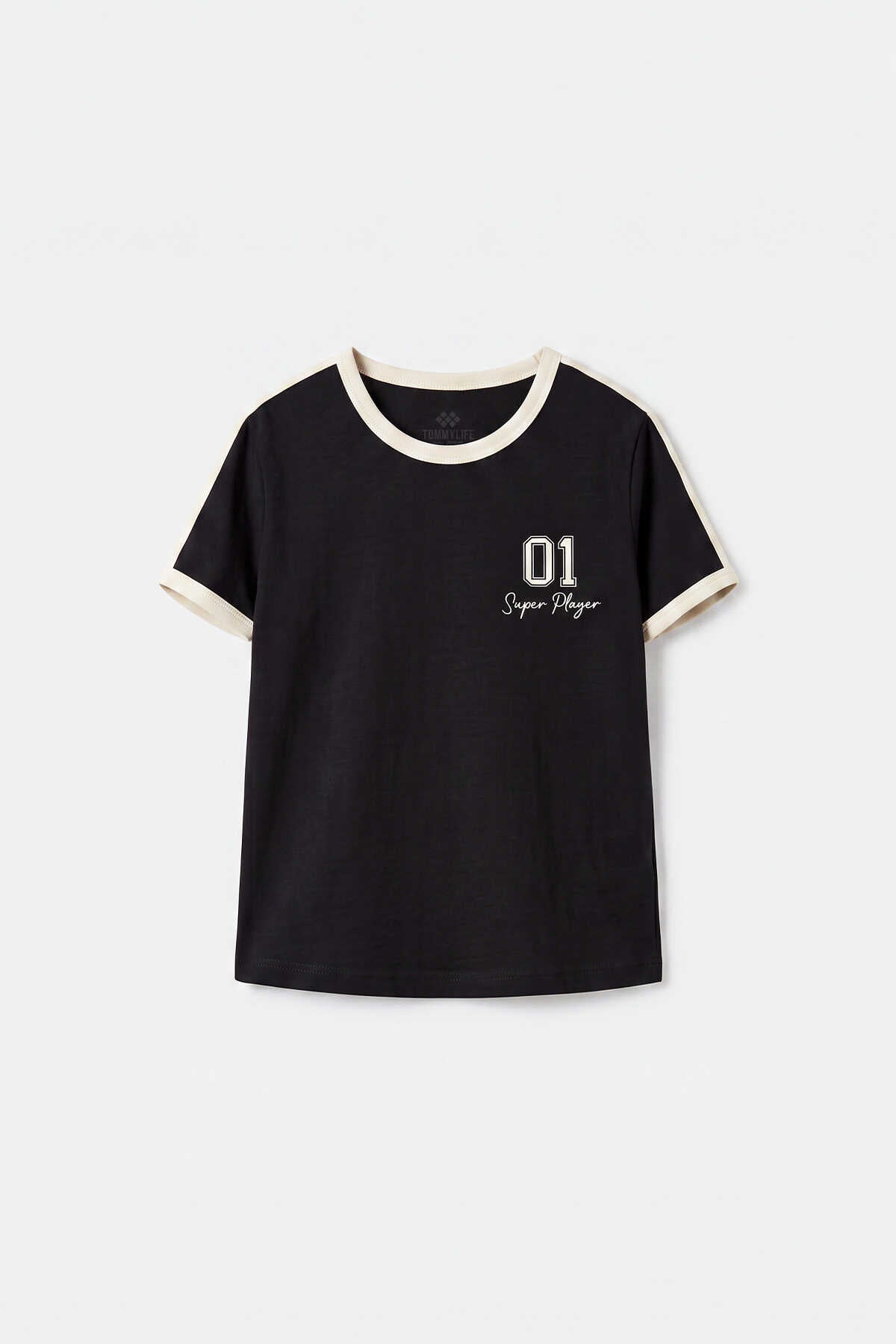 Tommylife Toptan Siyah Omuz Biye Detaylı Baskılı Kız Çocuk T-Shirt - 75181