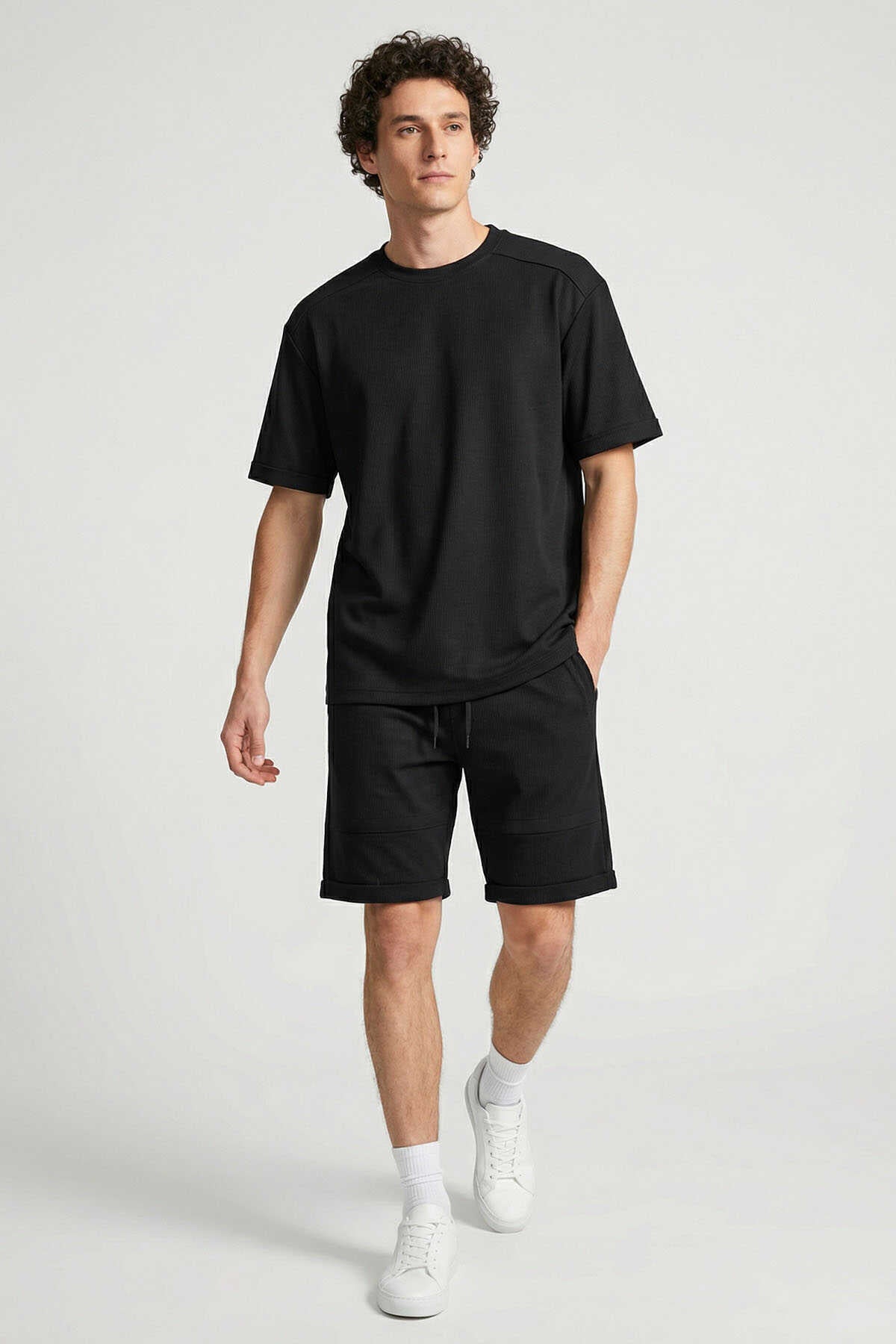 Tommylife Toptan Lacivert Oversize Fit Yumuşak Dokulu Basic Erkek Şort Takım - 85274