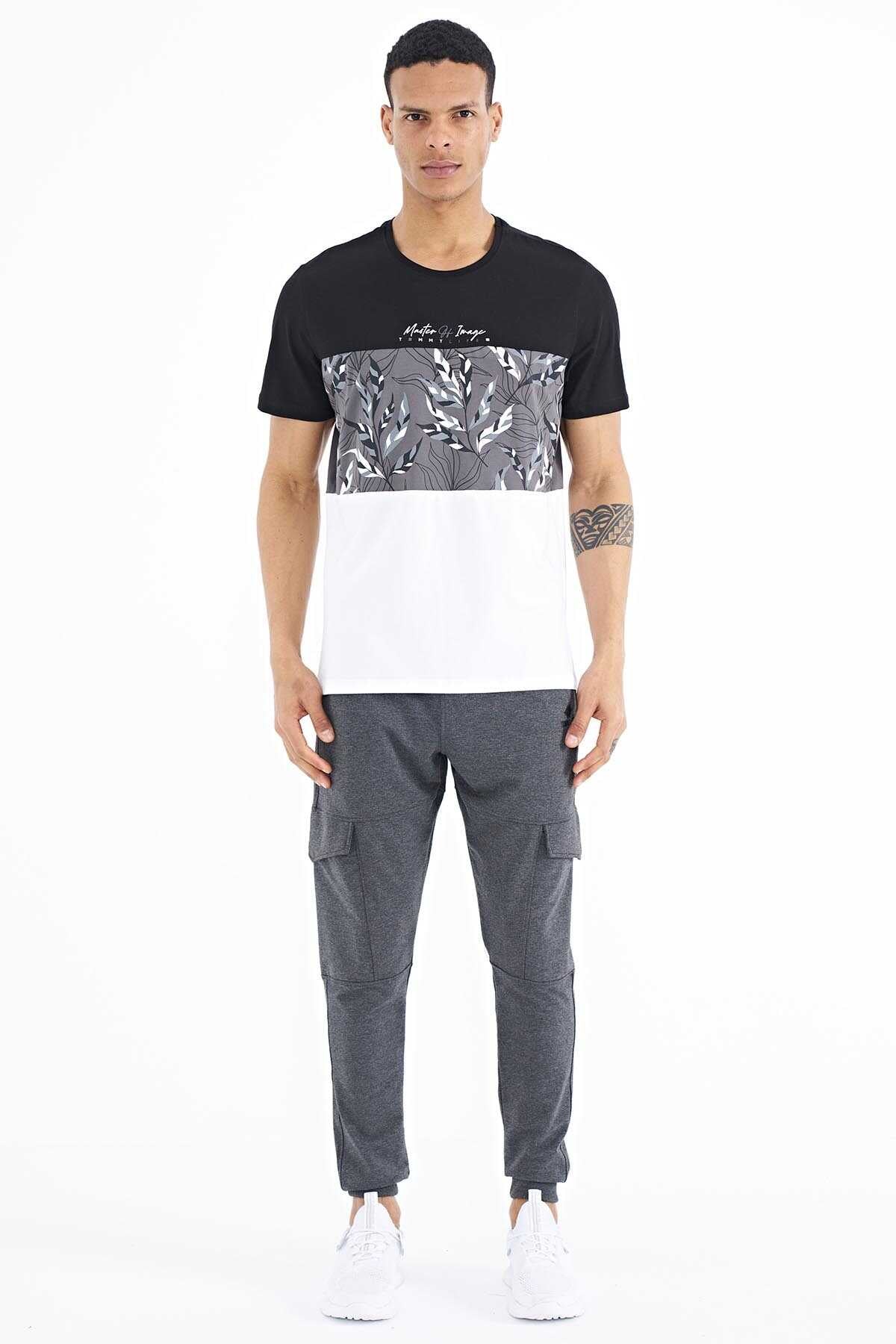 Tommylife Toptan Siyah Renk Geçişli Baskı Detaylı O Yaka Standart Kalıp Erkek T-Shirt - 88177