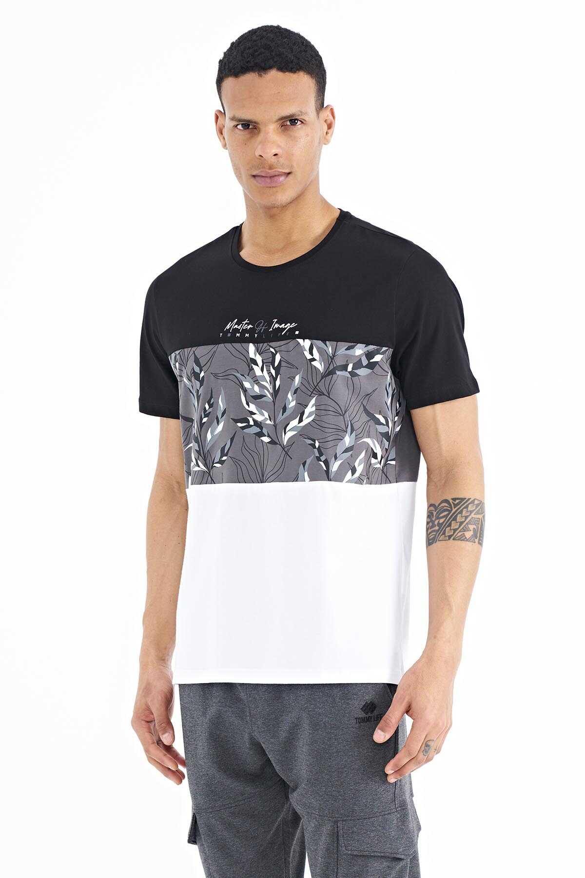 Tommylife Toptan Siyah Renk Geçişli Baskı Detaylı O Yaka Standart Kalıp Erkek T-Shirt - 88177
