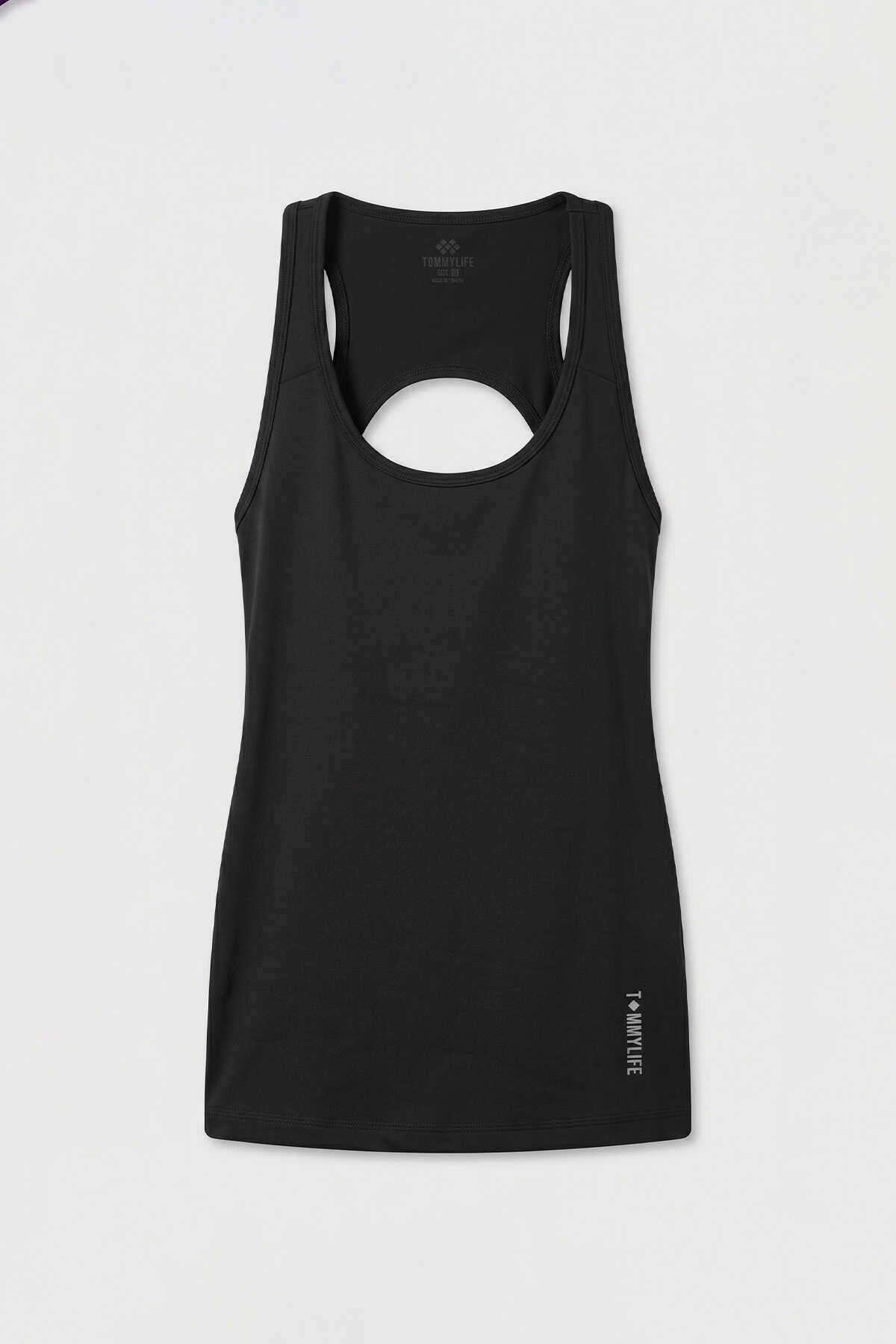 Tommylife Toptan Siyah Standart Fit Sırt Detaylı Performans Kadın Spor Atlet - 97297