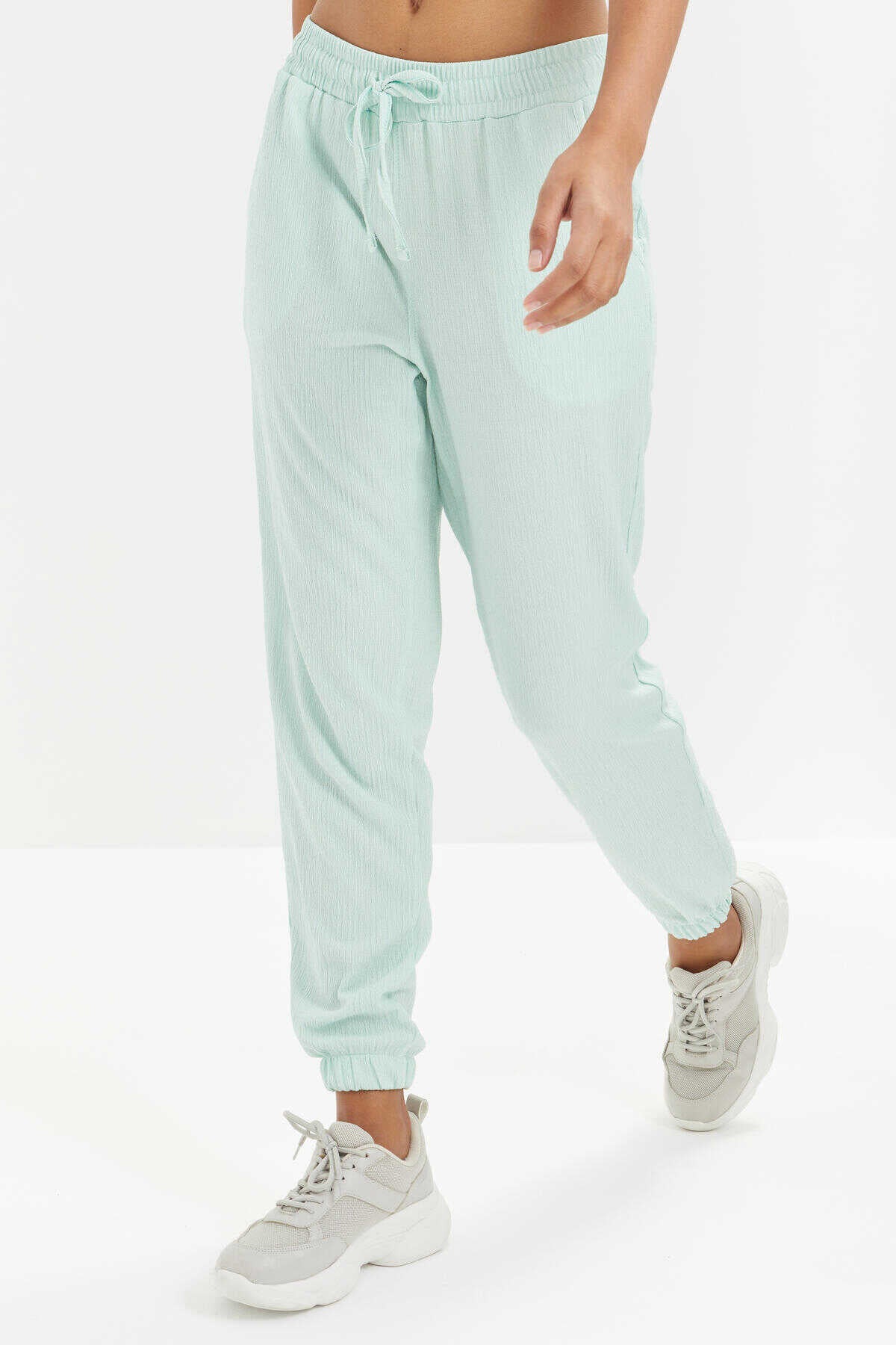 Tommylife Wholesale Water Green Gathered Waist Drawstring Jogger Crinkle Fabric Women's Sweatpants - 94620