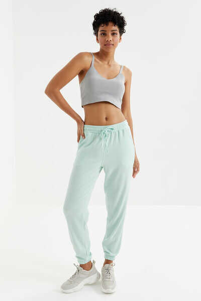 Tommylife Wholesale Water Green Gathered Waist Drawstring Jogger Crinkle Fabric Women's Sweatpants - 94620