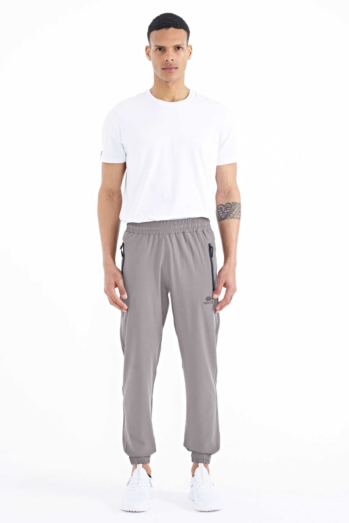 Tommylife Wholesale Beige Men's Basic Pocketed Drawstring Relaxed Fit Cuffed Joggers - 84826