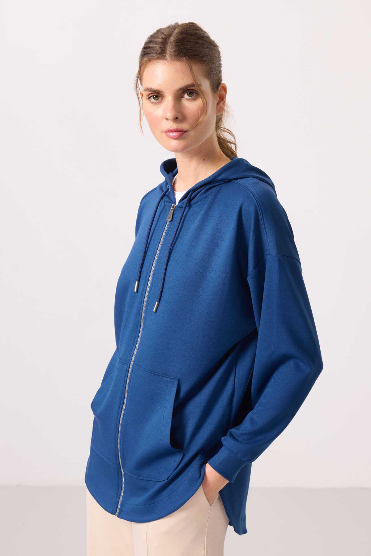 Tommylife Wholesale Soft-Textured Hooded Oversize Women's Tunic Sweatshirt - 97302 Black