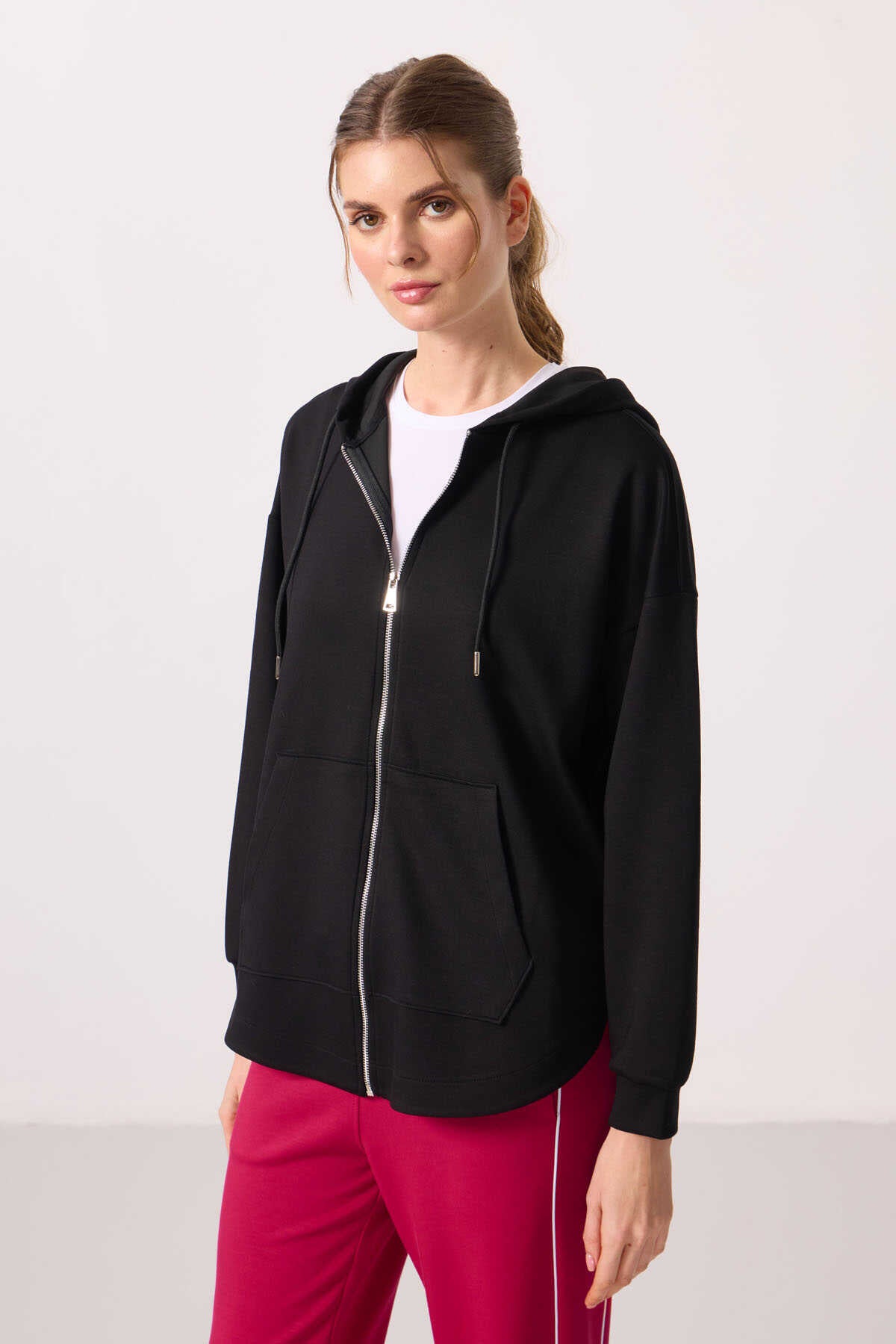 Tommylife Wholesale Soft-Textured Hooded Oversize Women's Tunic Sweatshirt - 97302 Black