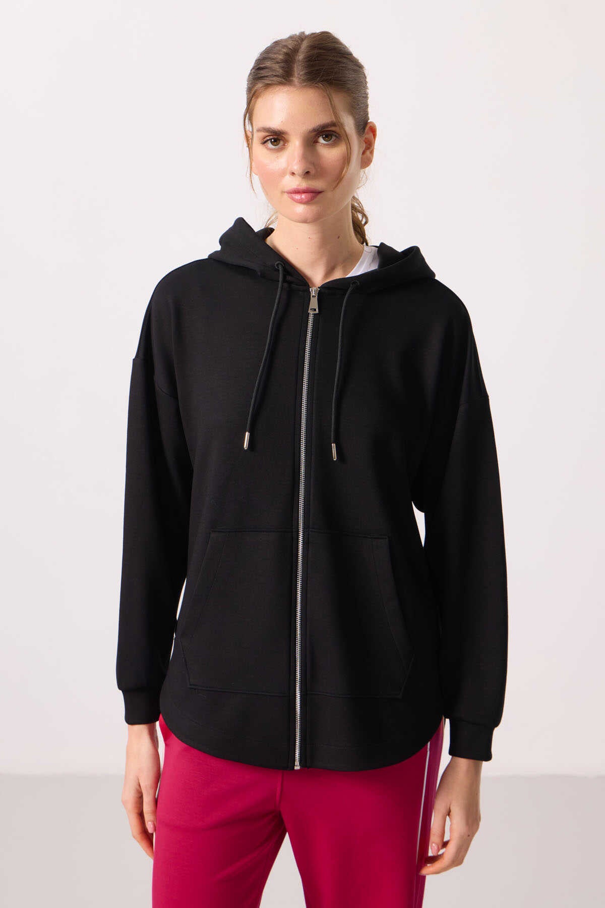 Tommylife Wholesale Soft-Textured Hooded Oversize Women's Tunic Sweatshirt - 97302 Black