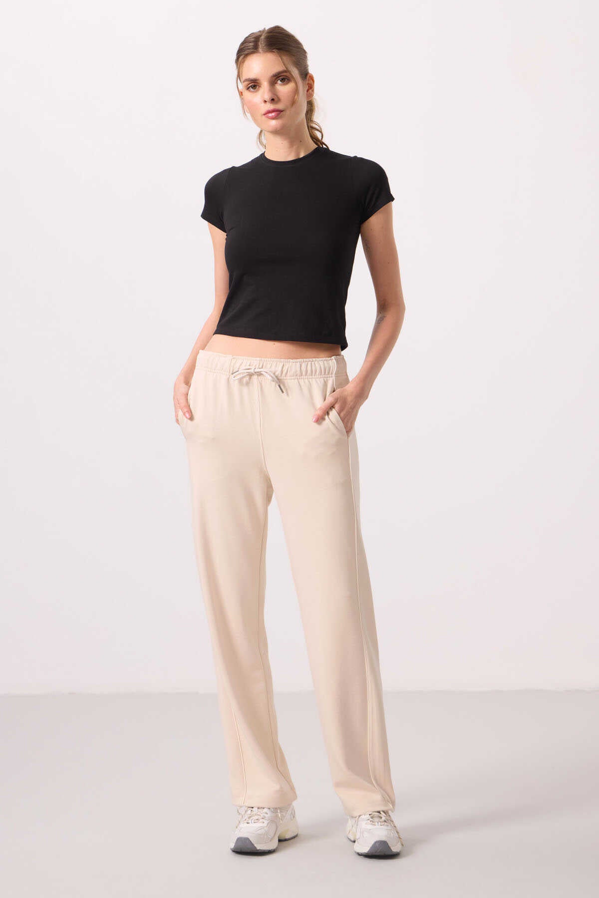 Tommylife Wholesale Soft Textured Side Panel Detailed Wide Leg Women's Palazzo Pants - 94669 Black