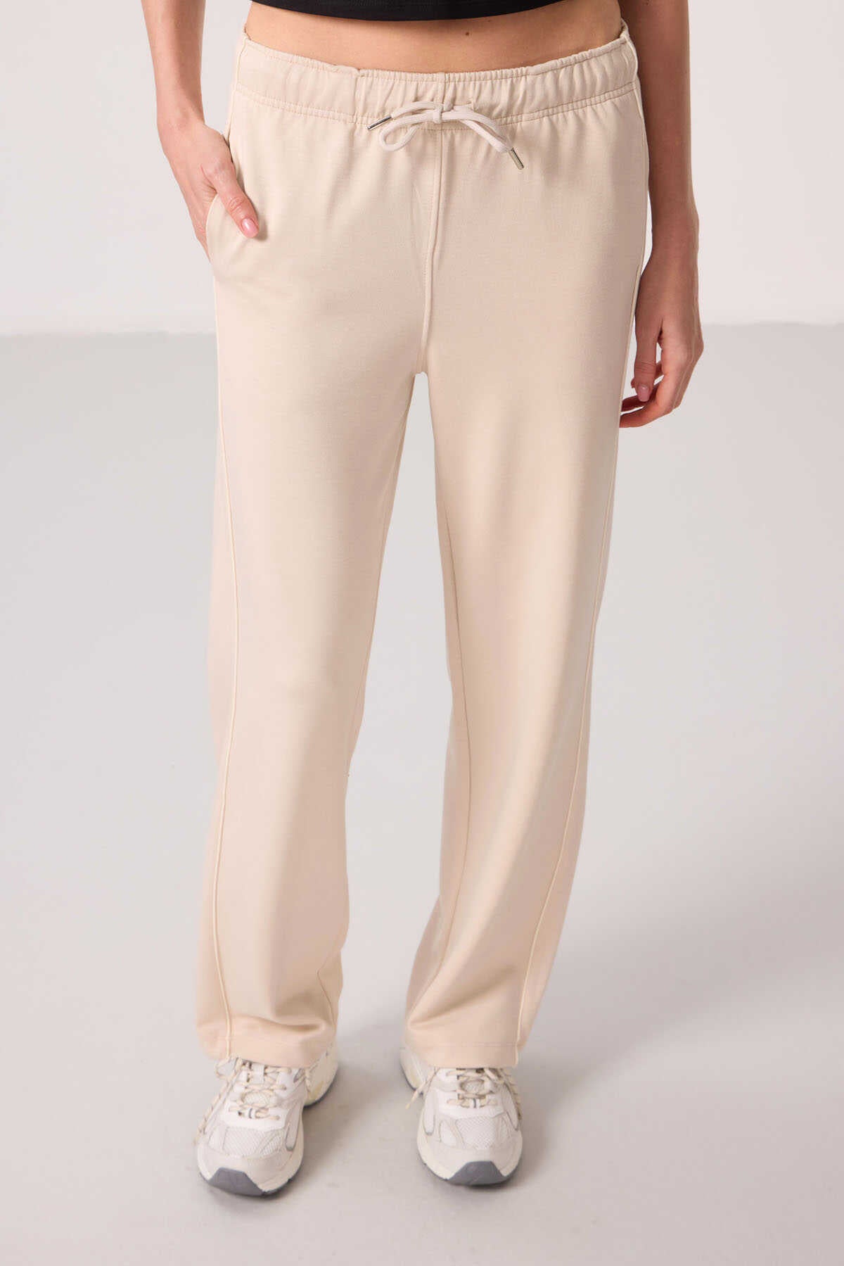 Tommylife Wholesale Soft Textured Side Panel Detailed Wide Leg Women's Palazzo Pants - 94669 Black