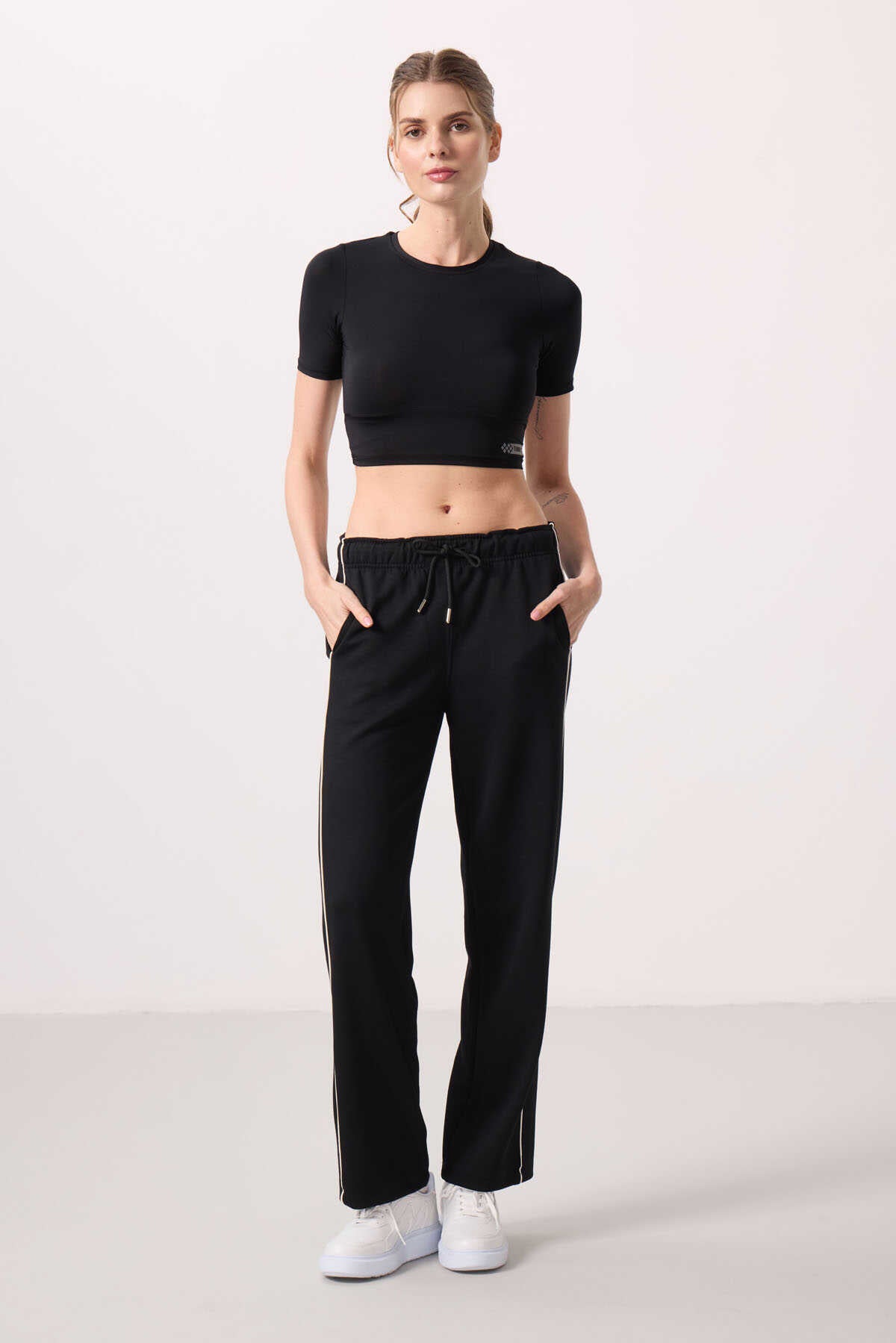 Tommylife Wholesale Soft Textured Side Panel Detailed Wide Leg Women's Palazzo Pants - 94669 Black