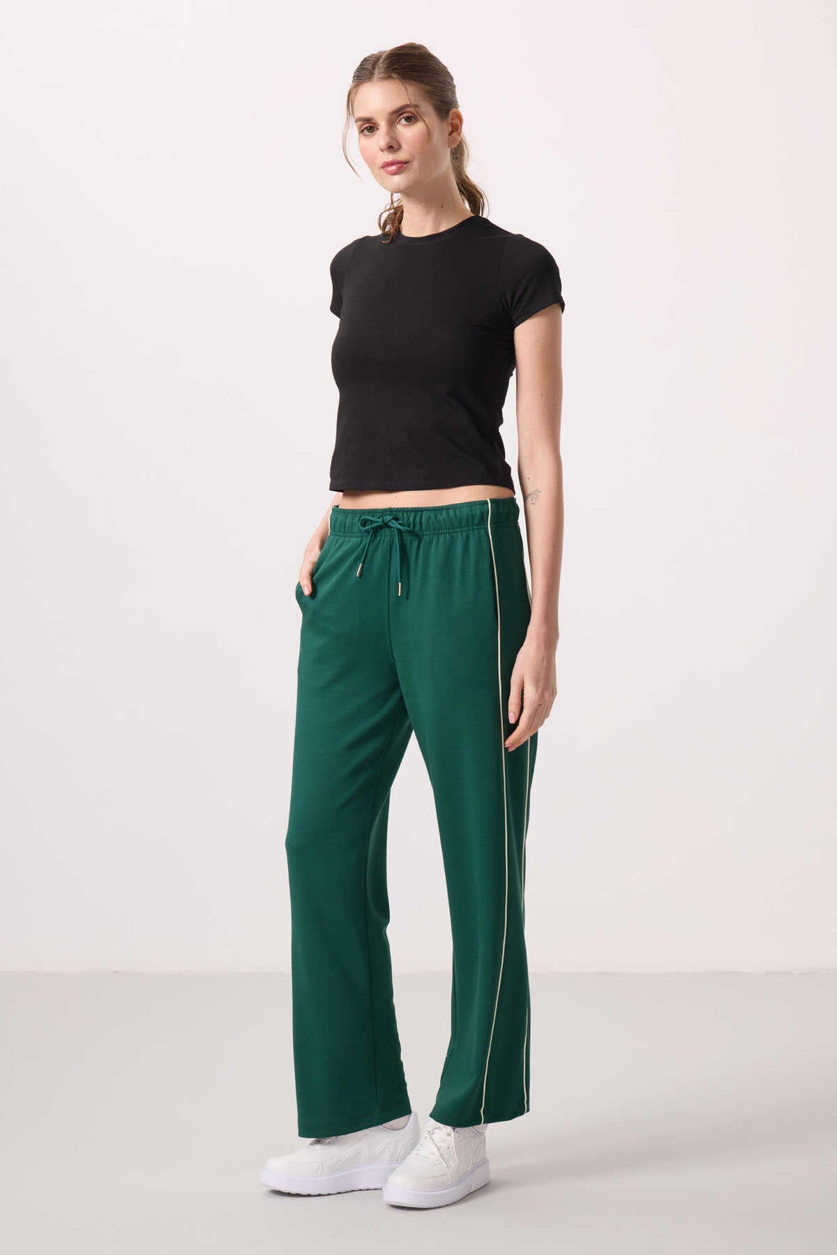 Tommylife Wholesale Soft Textured Side Panel Detailed Wide Leg Women's Palazzo Pants - 94669 Black