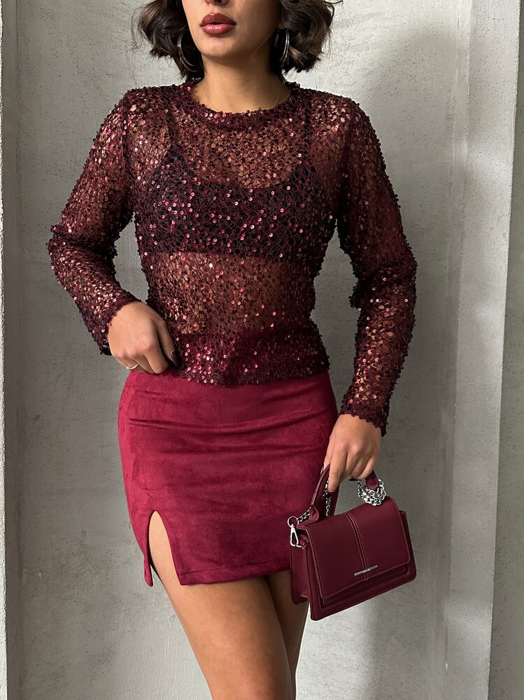 Topshow Bordo Suet Yırtmaclı Toptan Etek