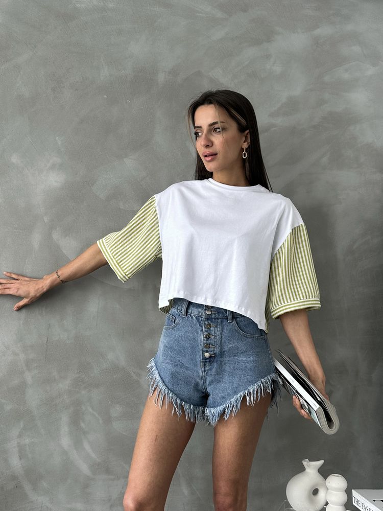 Topshow Fıstık Yeşili Çizgili Poplin Kollu Toptan T