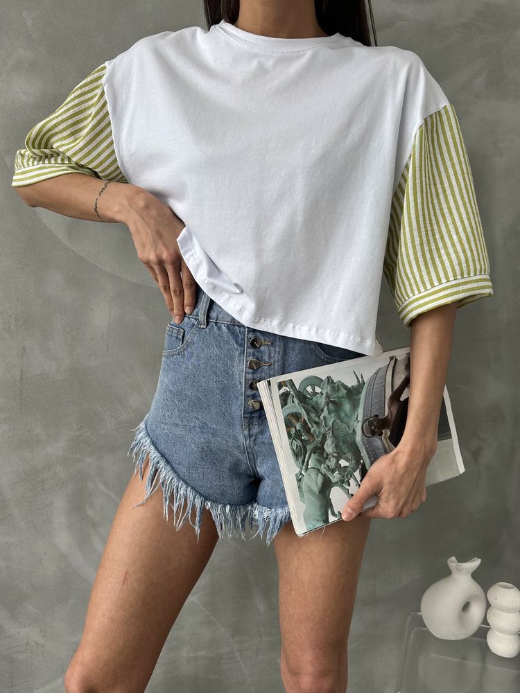 Topshow Fıstık Yeşili Çizgili Poplin Kollu Toptan T