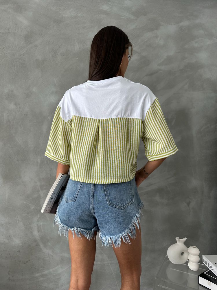 Topshow Fıstık Yeşili Çizgili Poplin Kollu Toptan T