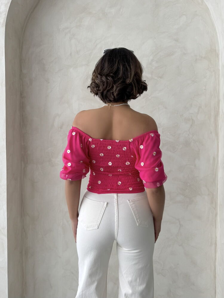 Topshow Fuşya Gipe Detaylı Desenli Şifon Toptan Bluz
