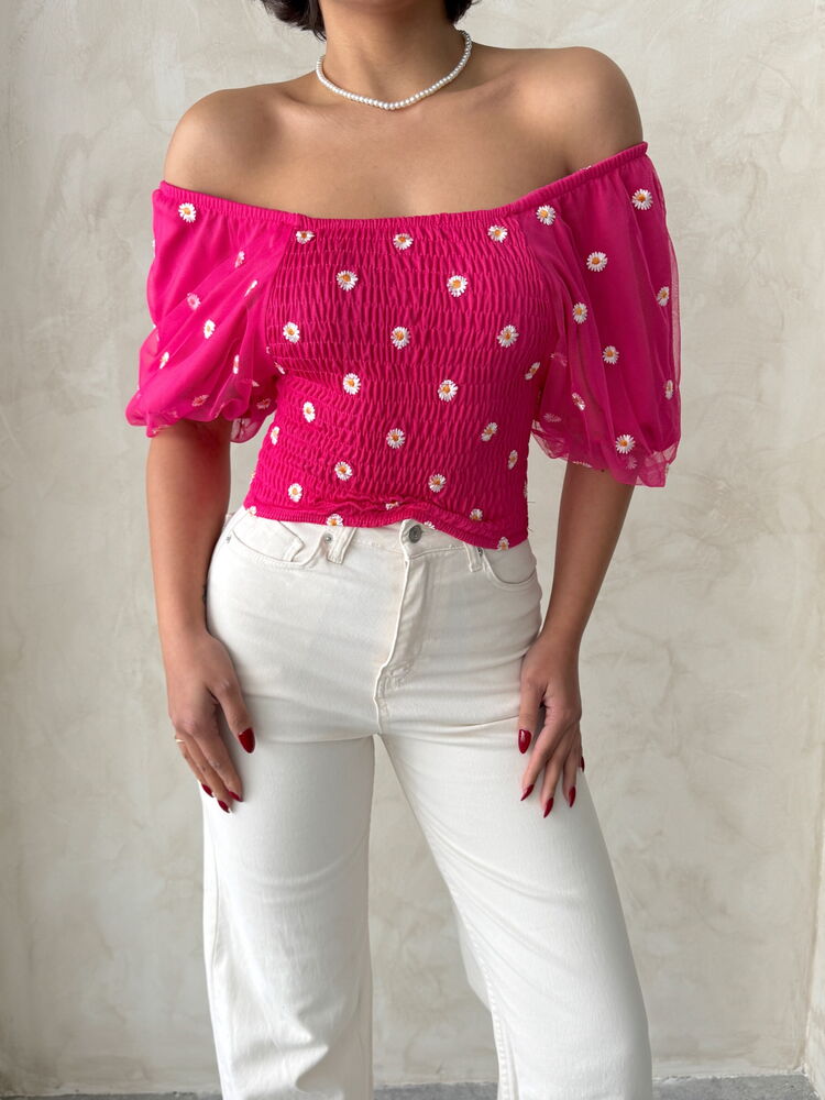 Topshow Fuşya Gipe Detaylı Desenli Şifon Toptan Bluz