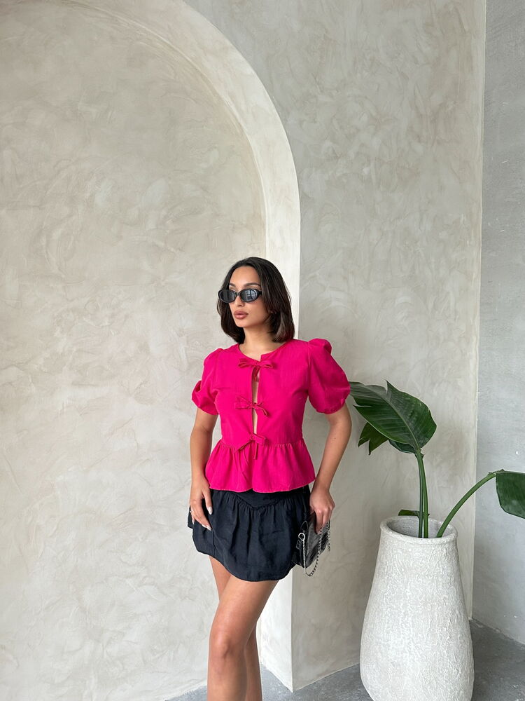 Topshow Fuşya Önden Bağlamalı Poplin Toptan Bluz