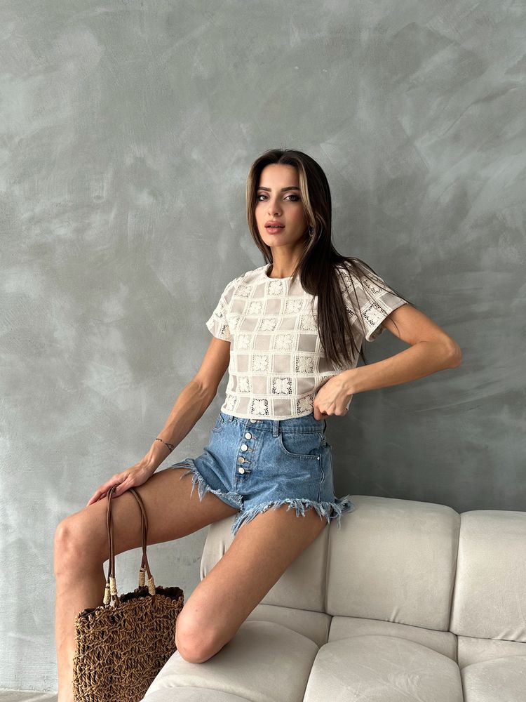 Topshow Ham Taş Kısa Kollu Dama Desen Tığ İşi Toptan Bluz