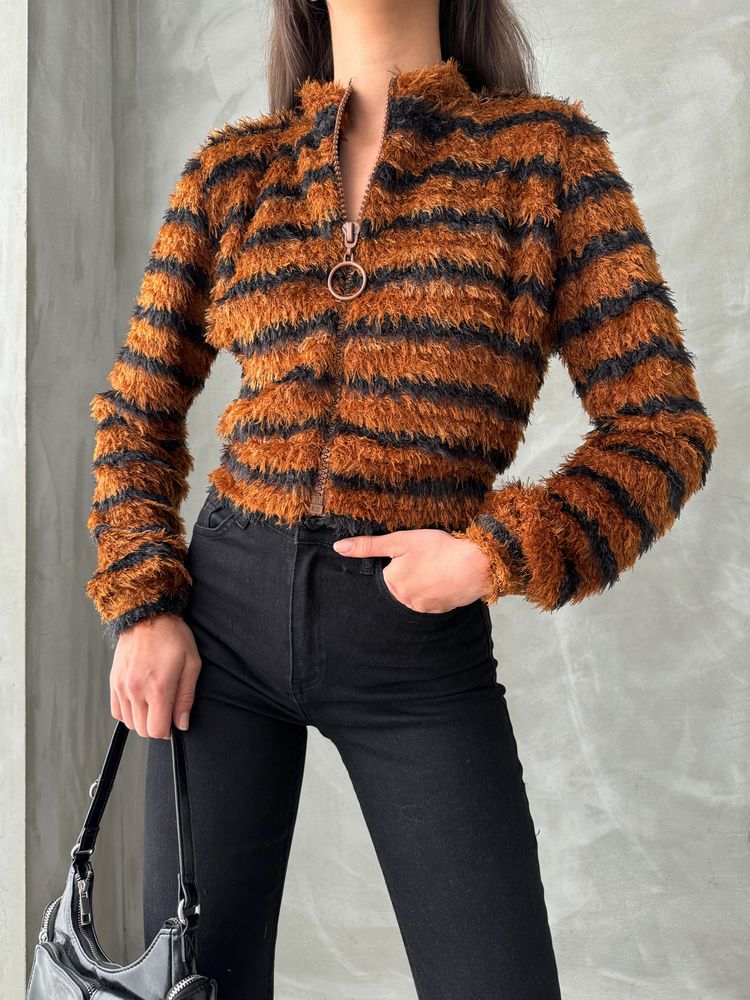 Çizgili Fermuarlı Peluş Toptan Mont