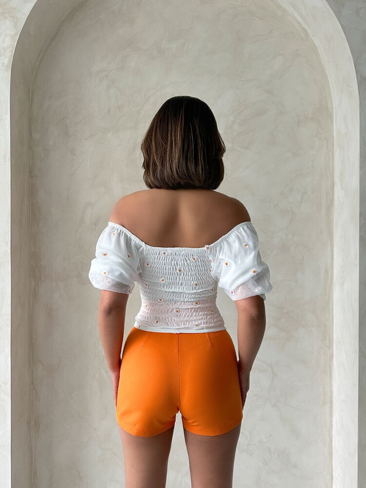 Topshow Krem Gipe Detaylı Desenli Şifon Toptan Bluz