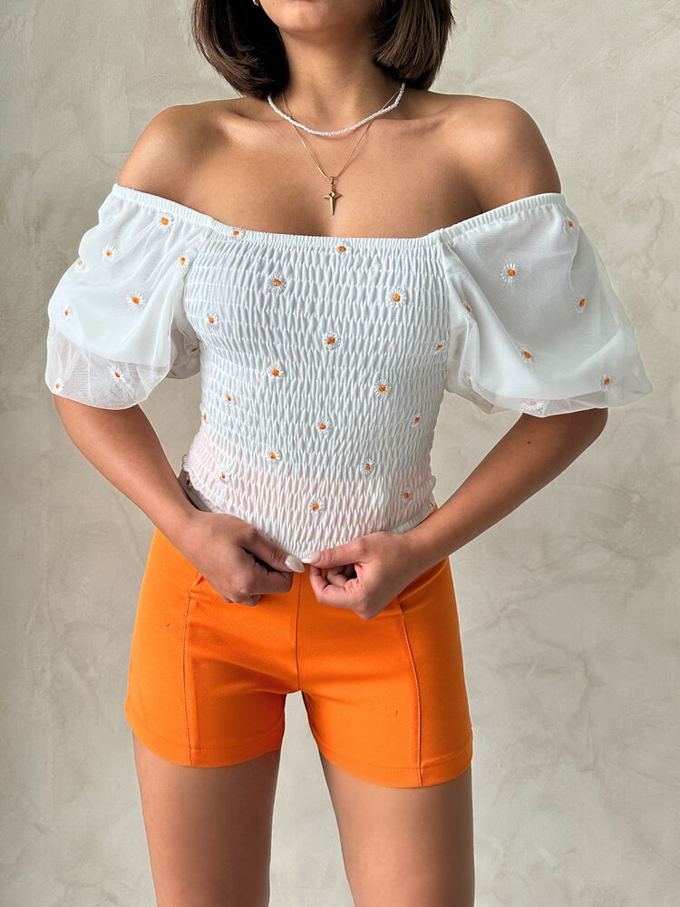 Topshow Krem Gipe Detaylı Desenli Şifon Toptan Bluz