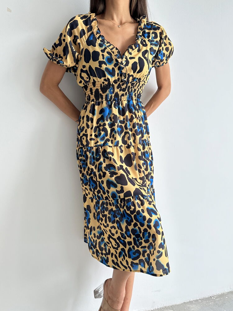 Topshow Leopar Saks Desenli Uzun Toptan Elbise