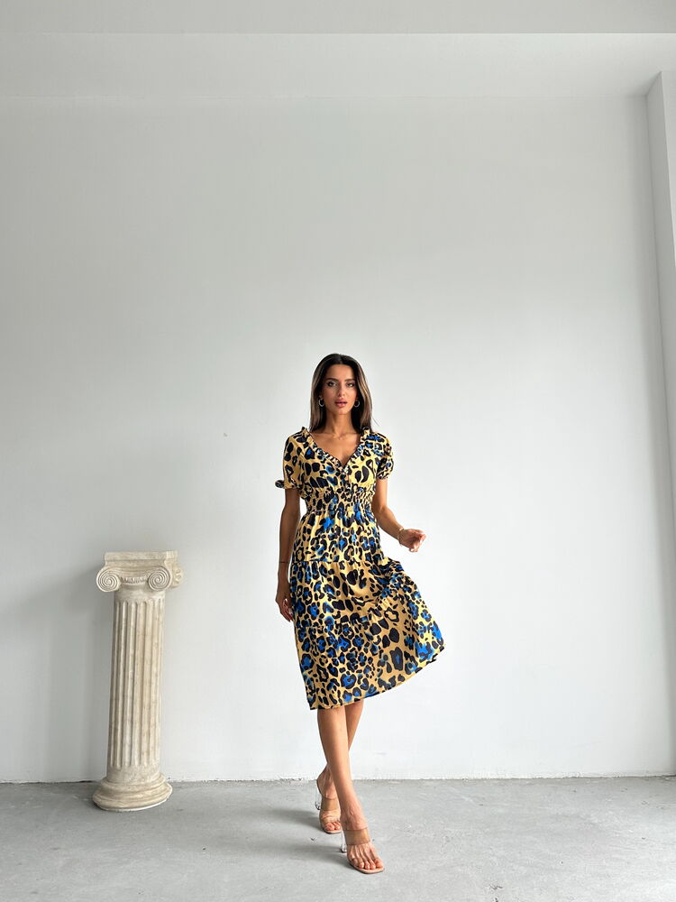 Topshow Leopar Saks Desenli Uzun Toptan Elbise
