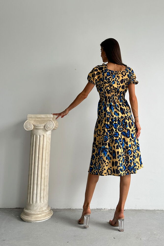 Topshow Leopar Saks Desenli Uzun Toptan Elbise