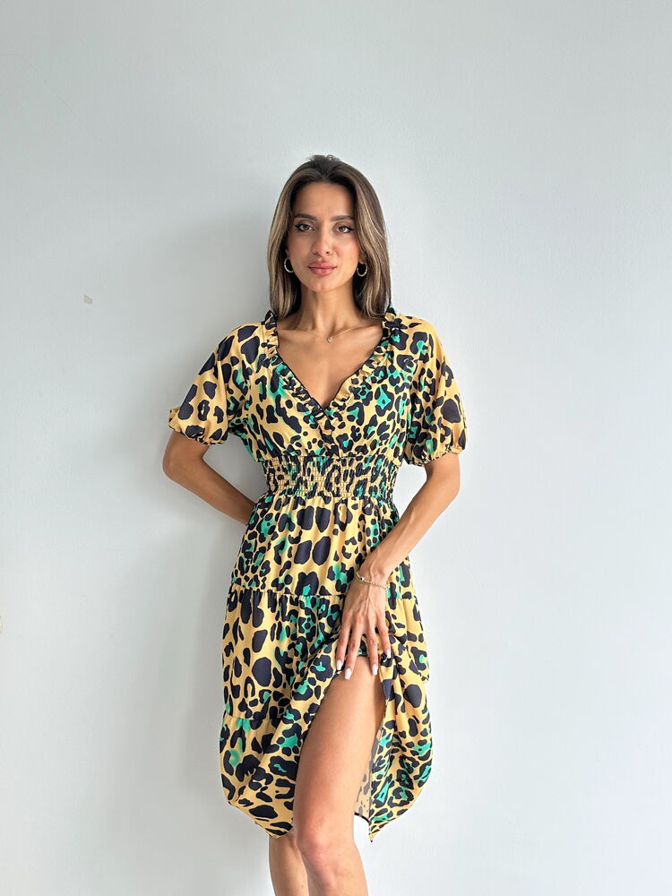 Topshow Leopar Zümrüt Desenli Uzun Toptan Elbise