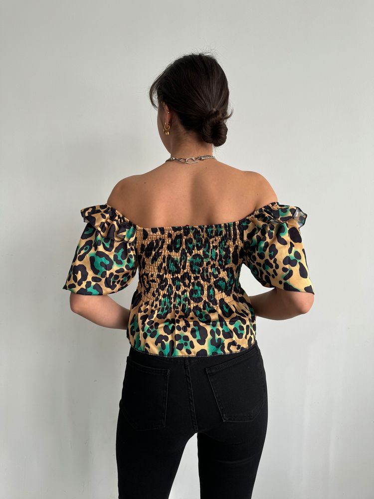Topshow Leopar Zümrüt Gibeli Kayık Yaka Toptan Bluz