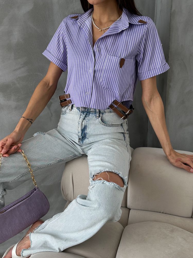 Topshow Lila Çizgili Kemer Detaylı Çizgili Toptan Gömlek