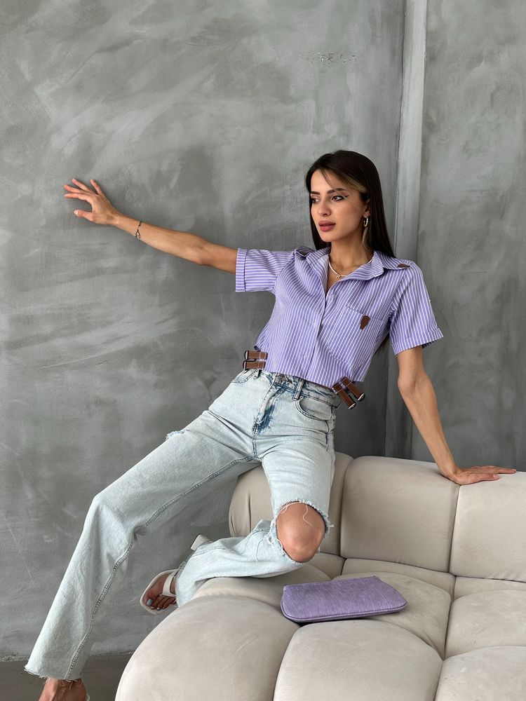 Topshow Lila Çizgili Kemer Detaylı Çizgili Toptan Gömlek
