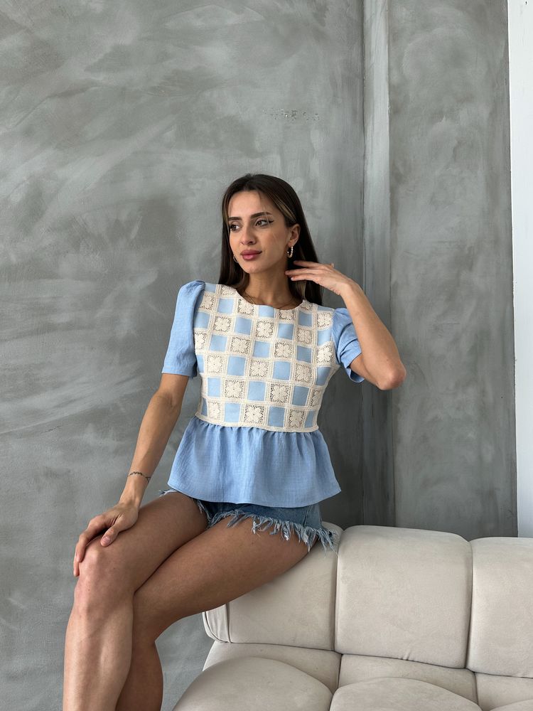 Topshow Mavi Mavi Dantel Detaylı Toptan Bluz