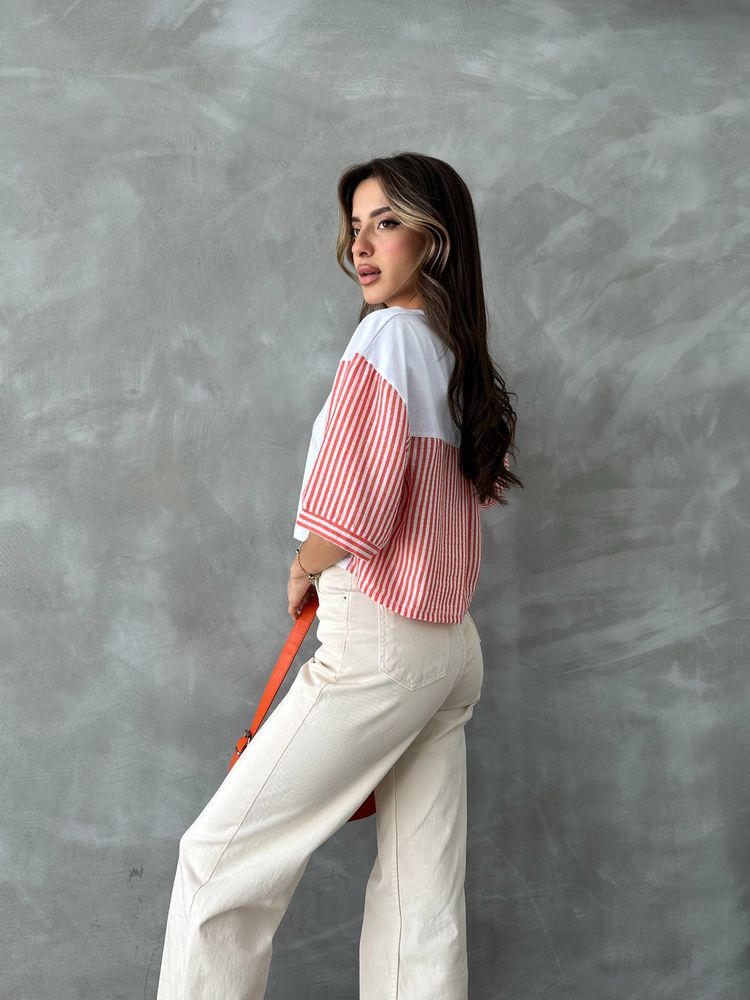 Topshow Oranj Çizgili Poplin Kollu Toptan T