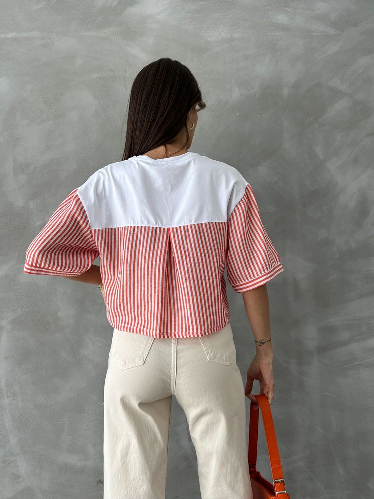 Topshow Oranj Çizgili Poplin Kollu Toptan T