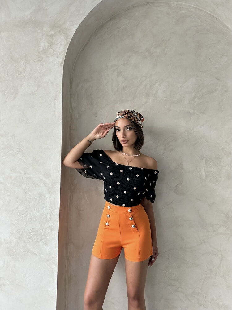 Topshow Siyah Gipe Detaylı Desenli Şifon Toptan Bluz