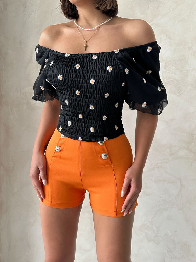 Topshow Siyah Gipe Detaylı Desenli Şifon Toptan Bluz