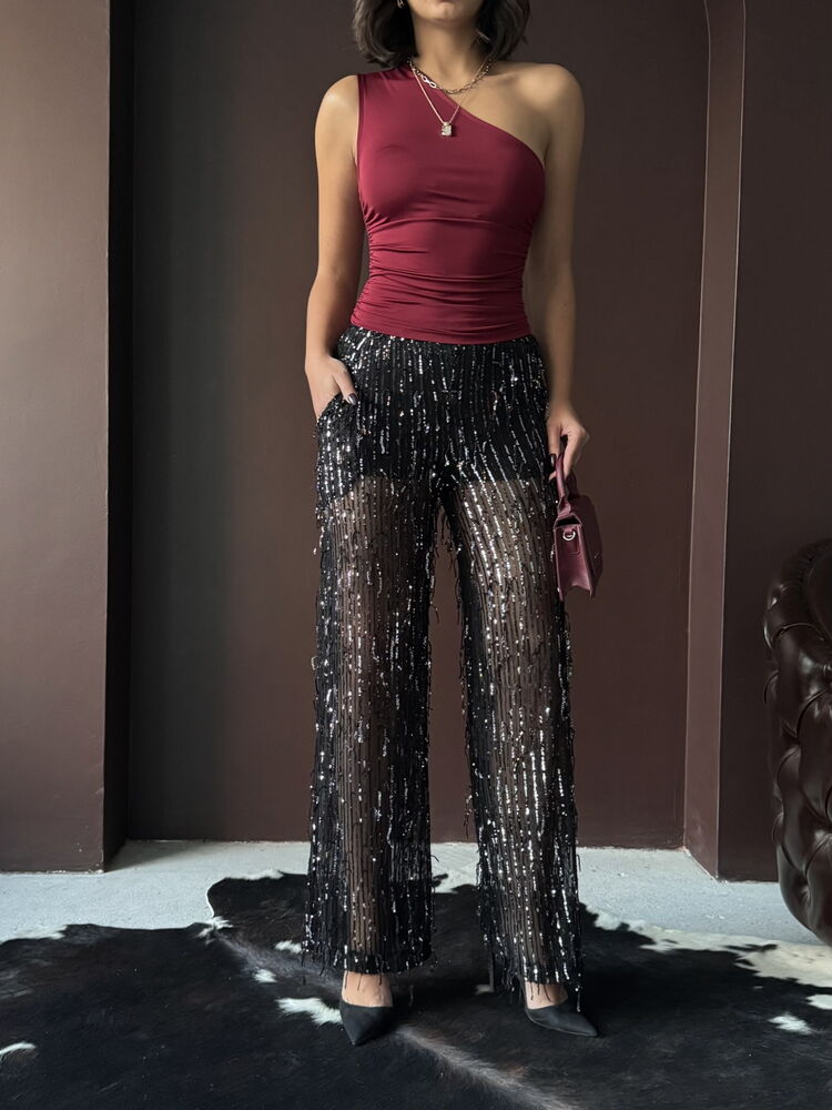 Topshow Siyah Pullu Tül Toptan Pantolon